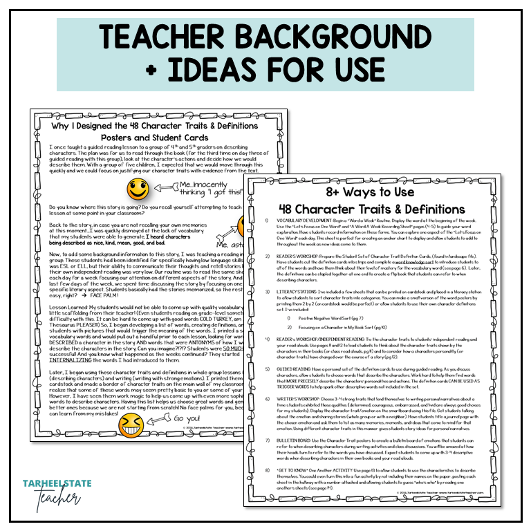 Character Traits List Graphic Organizers and Vocabulary Activities Bulletin Board