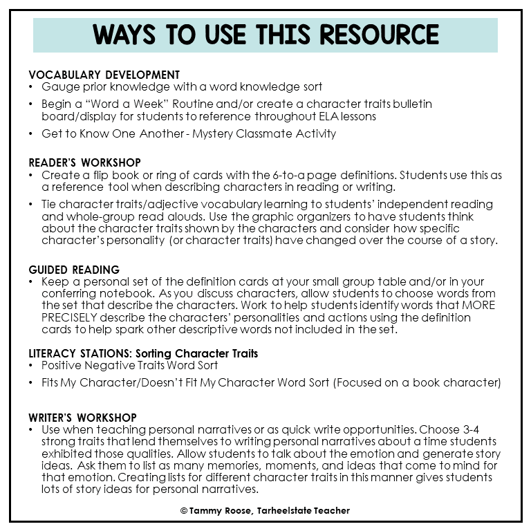 Character Traits List Graphic Organizers and Vocabulary Activities Bulletin Board
