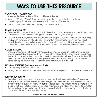 Character Traits List Graphic Organizers and Vocabulary Activities Bulletin Board