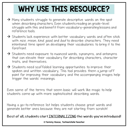 Character Traits List Graphic Organizers and Vocabulary Activities Bulletin Board