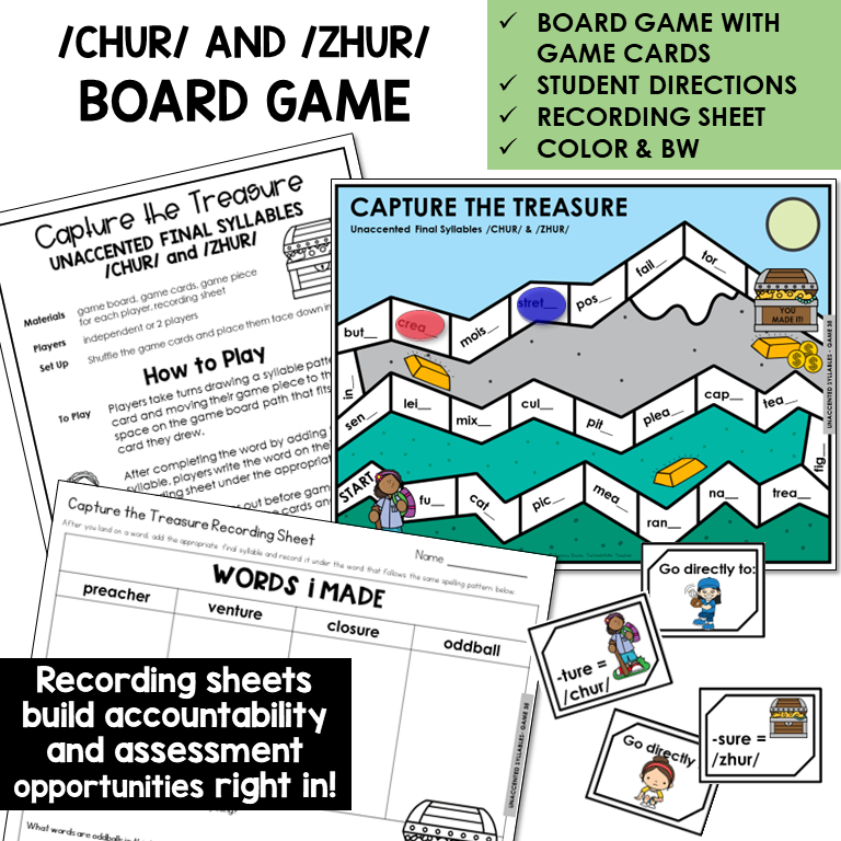 Capture The Treasure Board Game for -CHER, -TURE, and -SURE endings, with recording sheet