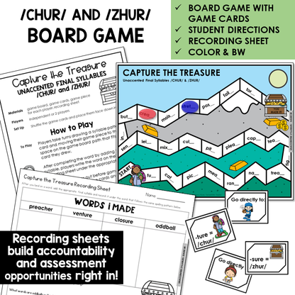 Capture The Treasure Board Game for -CHER, -TURE, and -SURE endings, with recording sheet