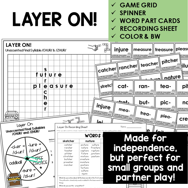 Layer On! word building activity for -CHER, -TURE, and -SURE endings