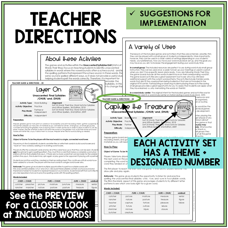 Teacher directions for -CHER, -TURE, and -SURE endings games