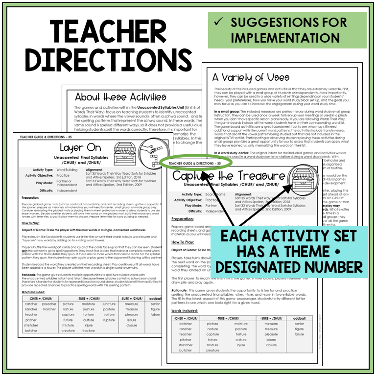 Teacher directions and suggestions for implementation, -CHER, -TURE, and -SURE endings