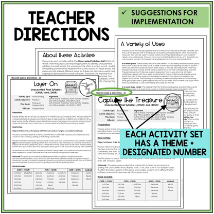 Teacher directions and suggestions for implementation, -CHER, -TURE, and -SURE endings