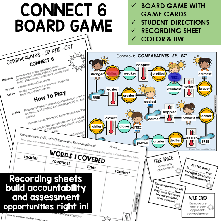 Connect 6 Board Game for comparatives -ER and -EST, with recording sheet