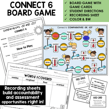 Connect 6 Board Game for comparatives -ER and -EST, with recording sheet