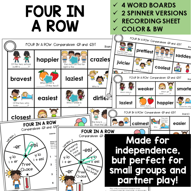 Four In A Row for comparatives -ER and -EST, with spinners and recording sheet