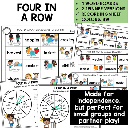 Four In A Row for comparatives -ER and -EST, with spinners and recording sheet
