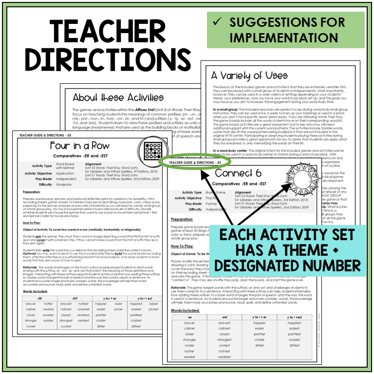 Teacher directions and suggestions for implementation, comparatives -ER and -EST