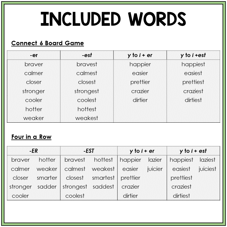 Word list for comparatives -ER and -EST, Sort 53