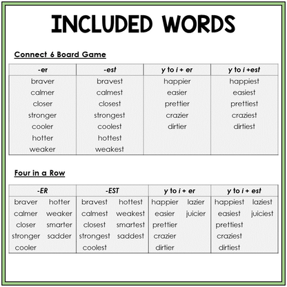 Word list for comparatives -ER and -EST, Sort 53