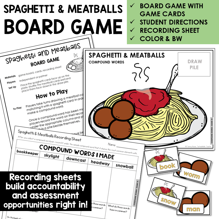 Spaghetti and Meatballs Board Game for compound words, with recording sheet