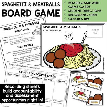 Spaghetti and Meatballs Board Game for compound words, with recording sheet