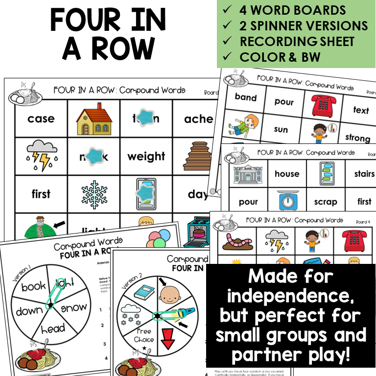 Four In A Row word boards and spinners for compound words