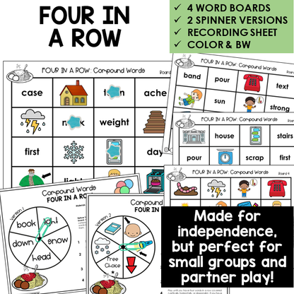 Four In A Row word boards and spinners for compound words