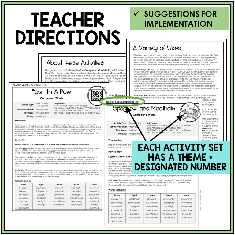 Teacher directions and suggestions for implementation, compound words