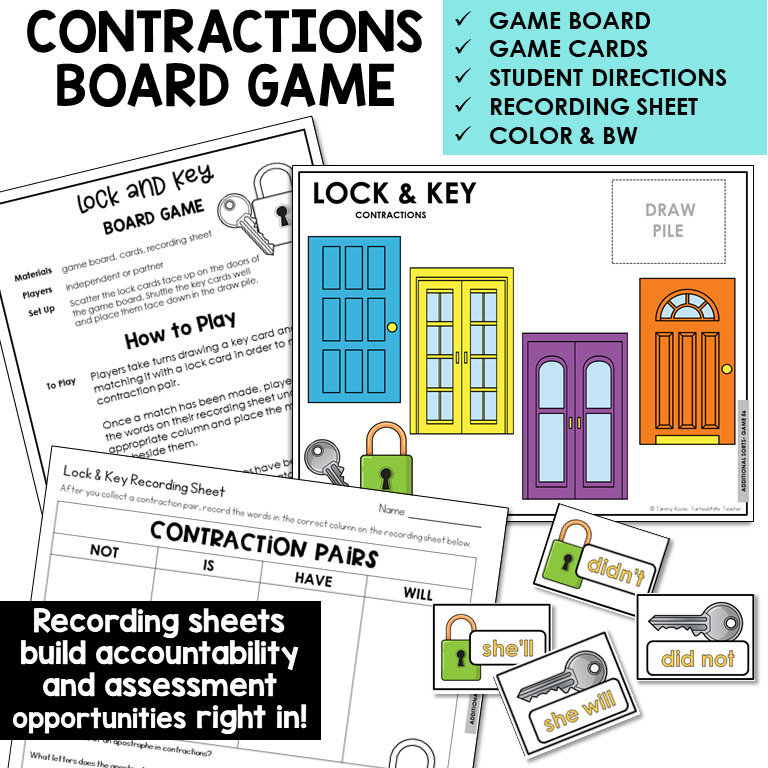 Lock and Key contractions board game with word cards and recording sheet