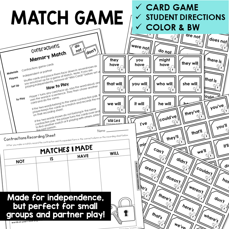Memory Match card game with contraction and expanded form cards and recording sheet