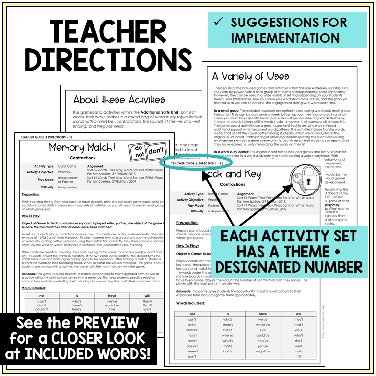 Teacher directions for contractions games