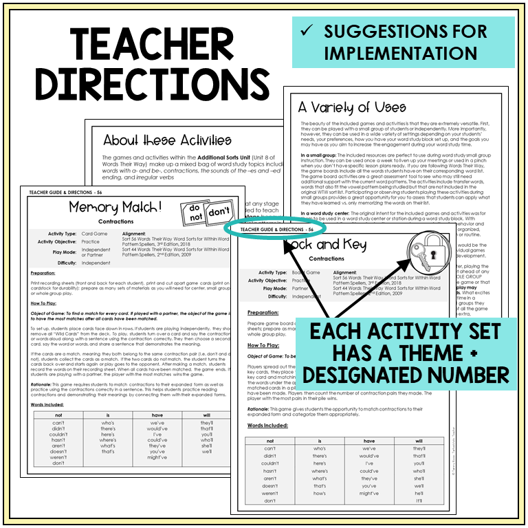 Teacher directions and suggestions for implementation, contractions