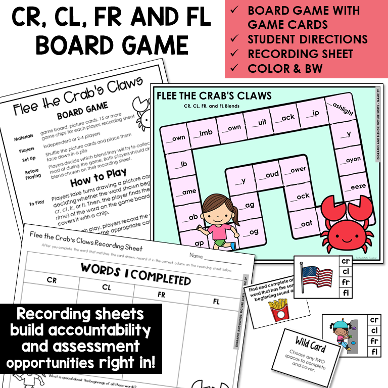 Flee the Crab's Claws board game, game cards, and recording sheet for blends CR, CL, FR, and FL