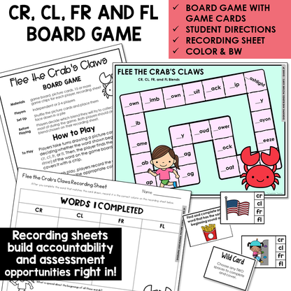 Flee the Crab's Claws board game, game cards, and recording sheet for blends CR, CL, FR, and FL