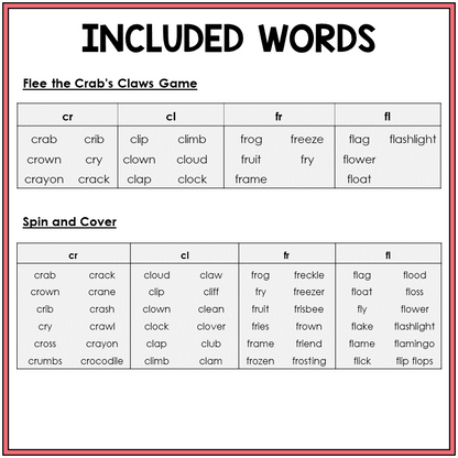Word list for blends CR, CL, FR, and FL games, Sort 29