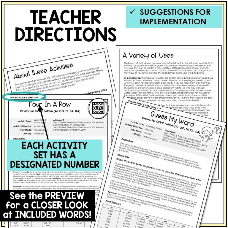 Teacher directions for CVVC vowel team review games