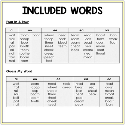 Word list for CVVC vowel team review games, Sort 17