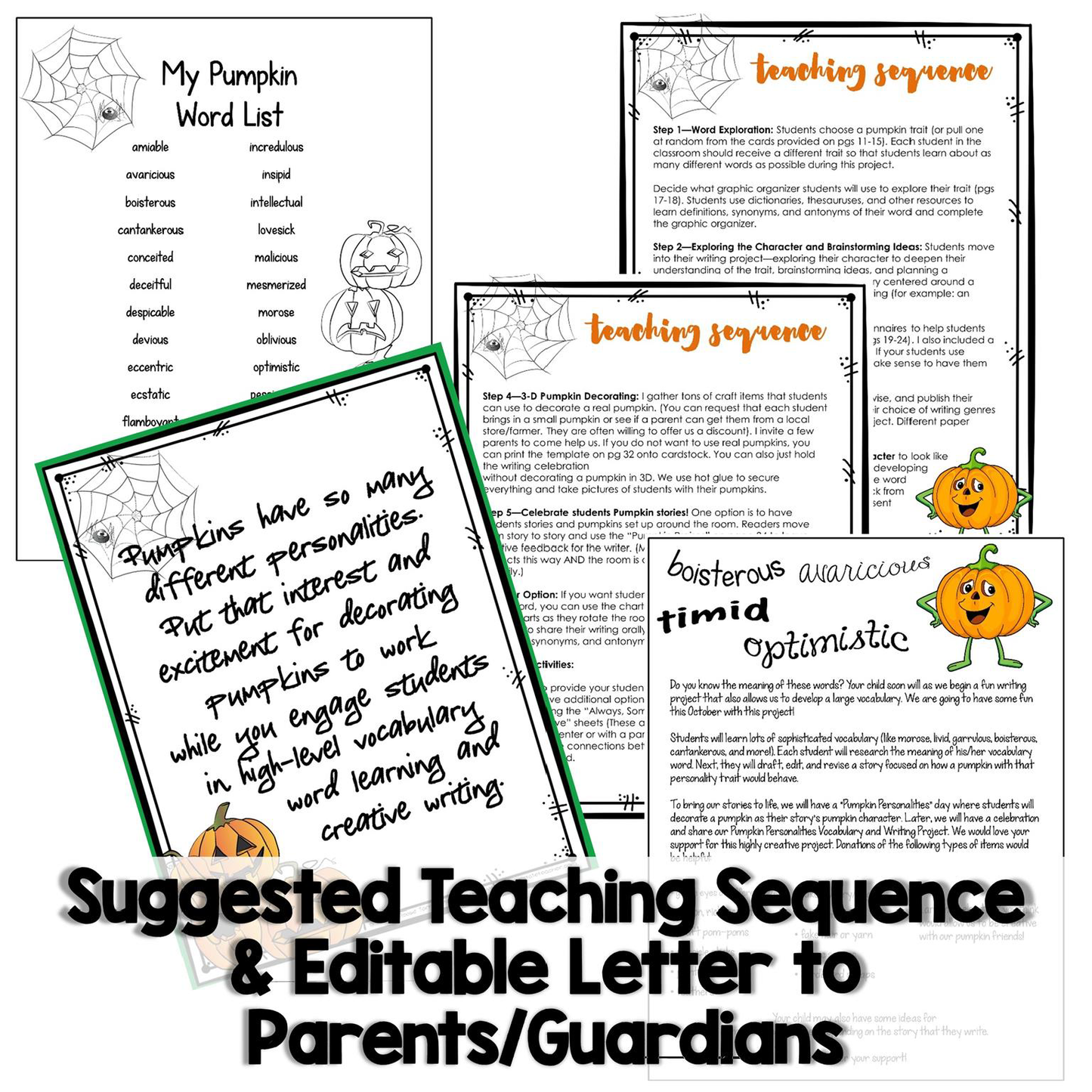 Educational materials for teaching about pumpkins, including a word list and teaching sequence.