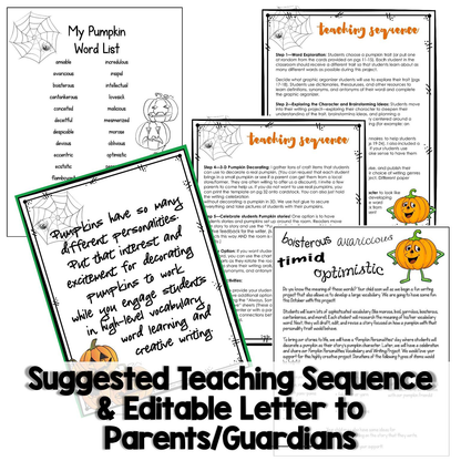 Educational materials for teaching about pumpkins, including a word list and teaching sequence.