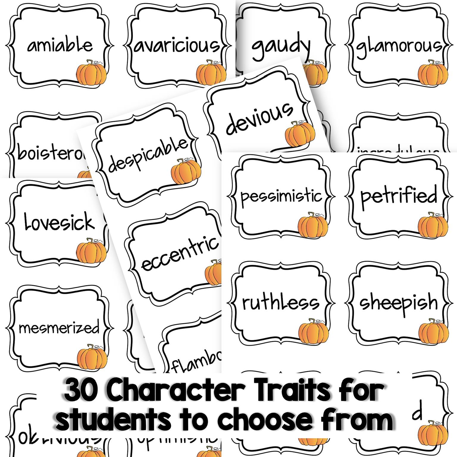 30 character traits included in pumpkin creative writing project for students to choose from