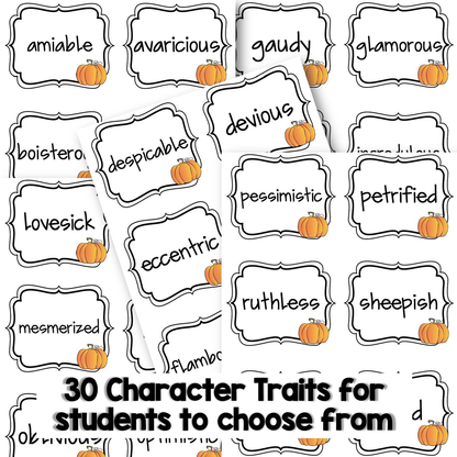 30 character traits included in pumpkin creative writing project for students to choose from
