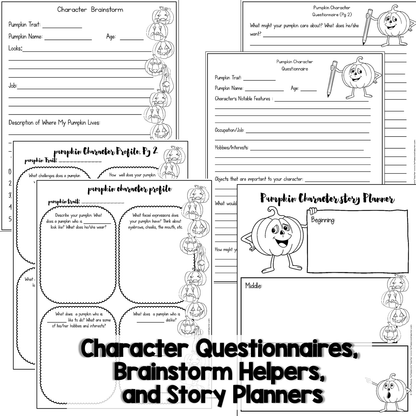 Halloween or fall-themed pumpkin creative writing resource includes character questionnaires, brainstorm helpers, and story planners
