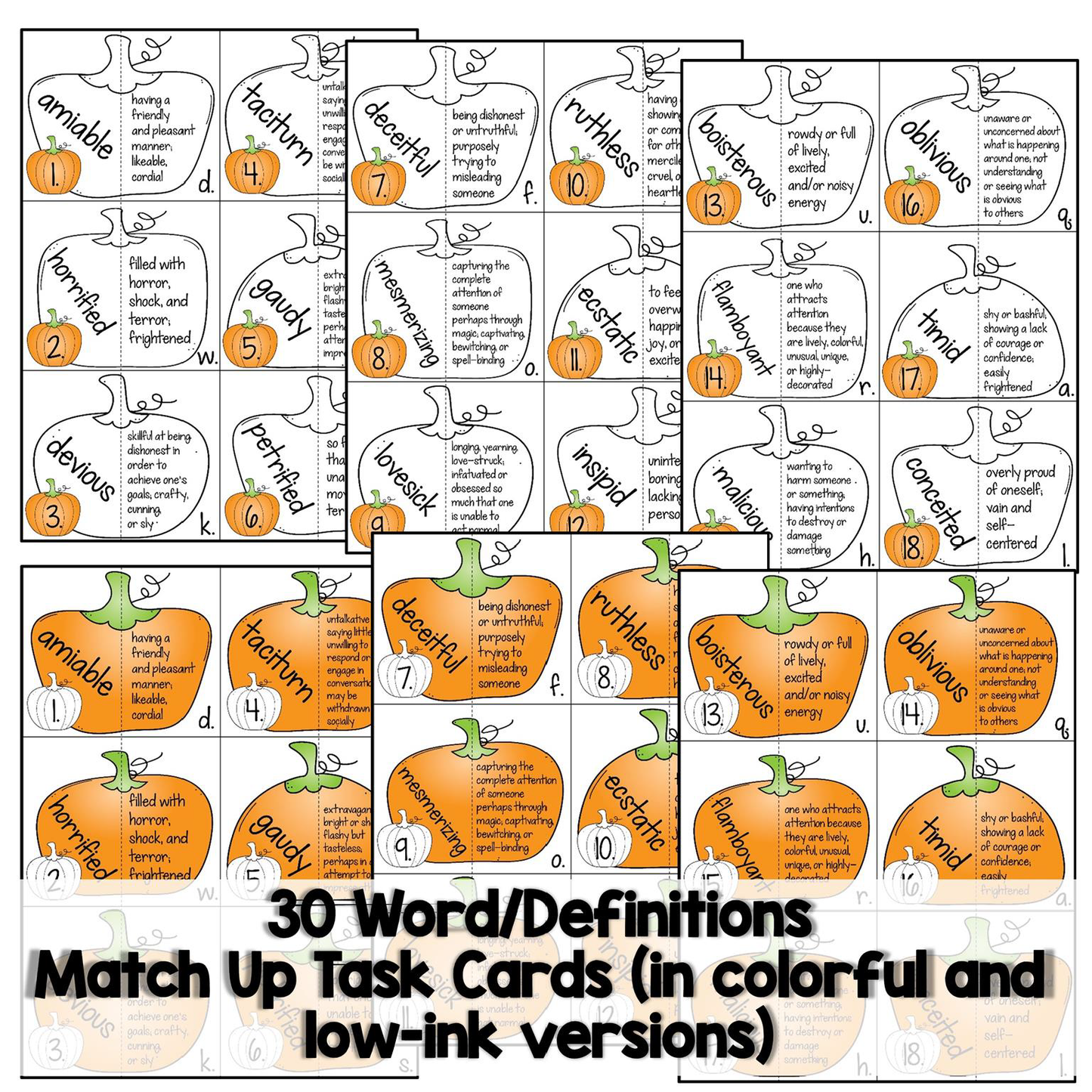 Task cards with pumpkins and definitions for vocabulary words, suitable for educational use.