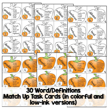 Task cards with pumpkins and definitions for vocabulary words, suitable for educational use.