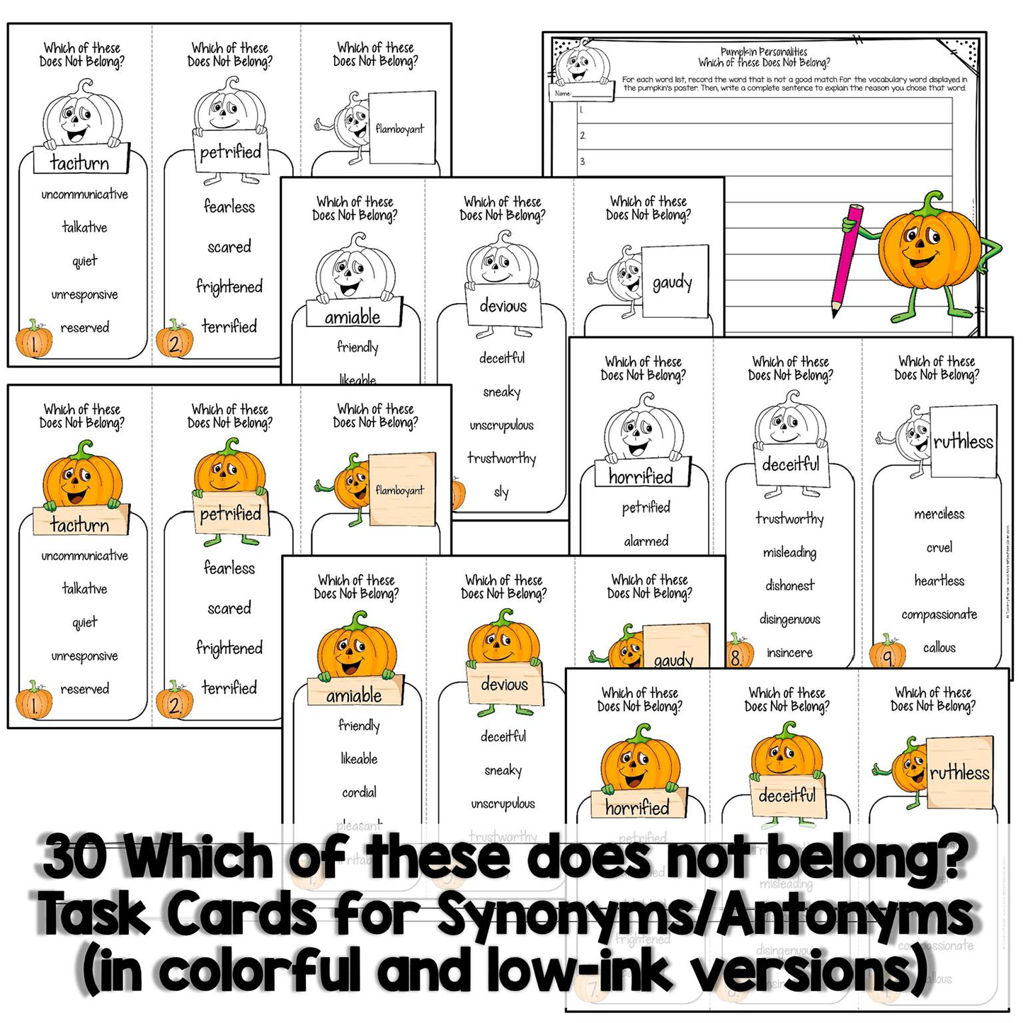 Halloween-themed task cards for synonyms and antonyms with pumpkins and ghosts.