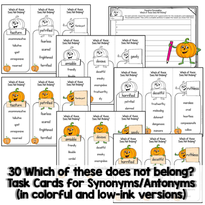 Halloween-themed task cards for synonyms and antonyms with pumpkins and ghosts.