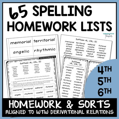 Spelling homework lists for 4th to 6th grade aligned to the Derivational Relations stage in Words Their Way.