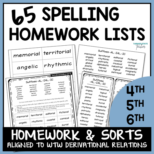 Spelling homework lists for 4th to 6th grade aligned to the Derivational Relations stage in Words Their Way.