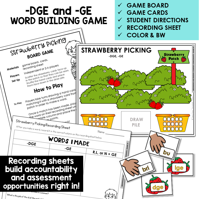 Strawberry Picking word building board game with -DGE and -GE cards and recording sheet