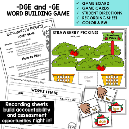 Strawberry Picking word building board game with -DGE and -GE cards and recording sheet