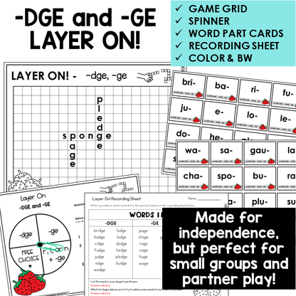 Layer On word tower game with spinner, word part cards, and recording sheet for -DGE and -GE