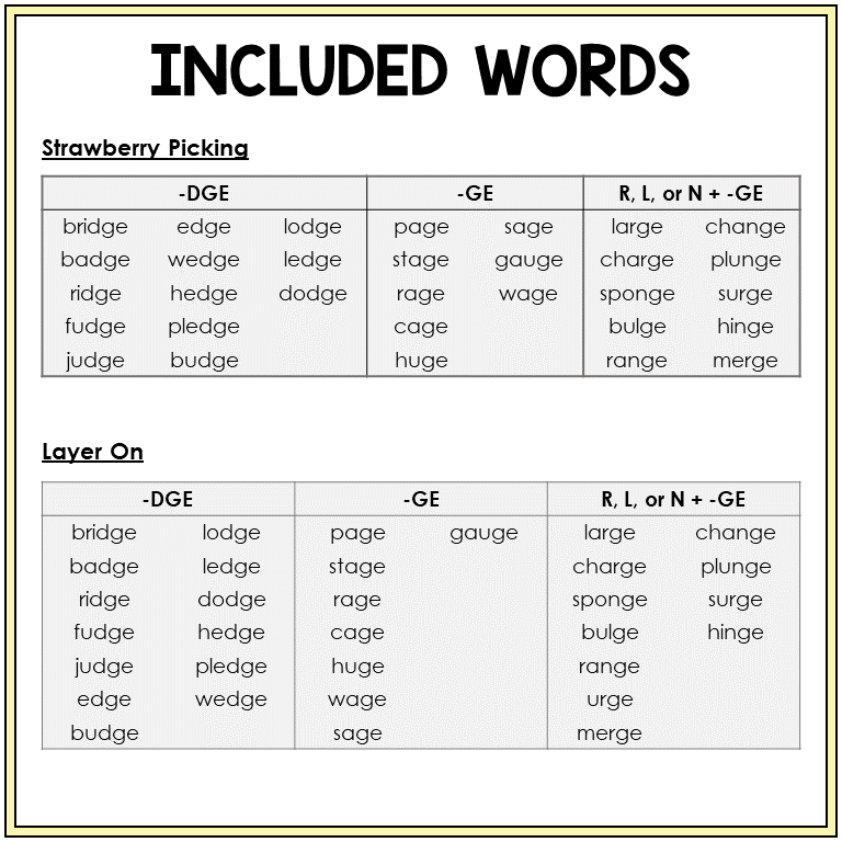 Word list for -DGE and -GE games, Sort 47
