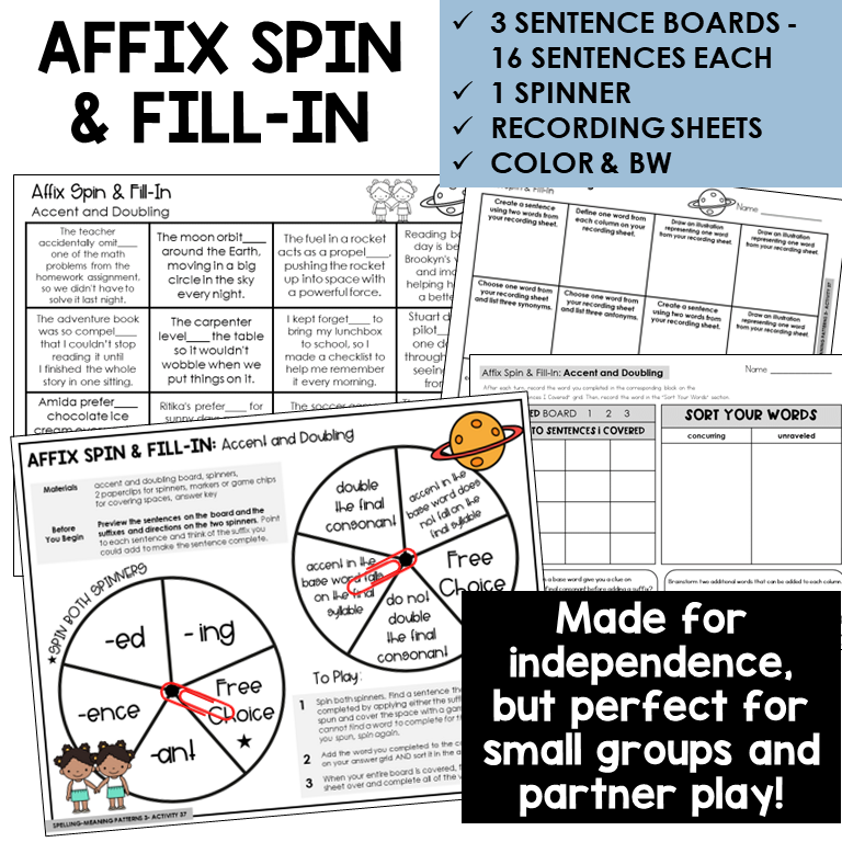 Affix Spin & Fill-In word board activity for accent and doubling final consonants
