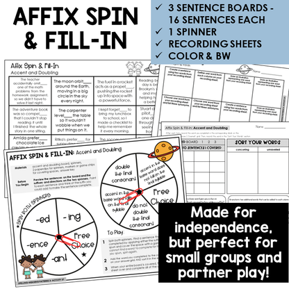 Affix Spin & Fill-In word board activity for accent and doubling final consonants