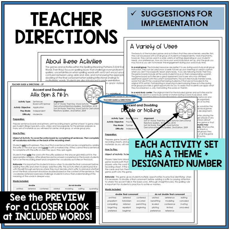 Teacher directions for accent and doubling final consonants games