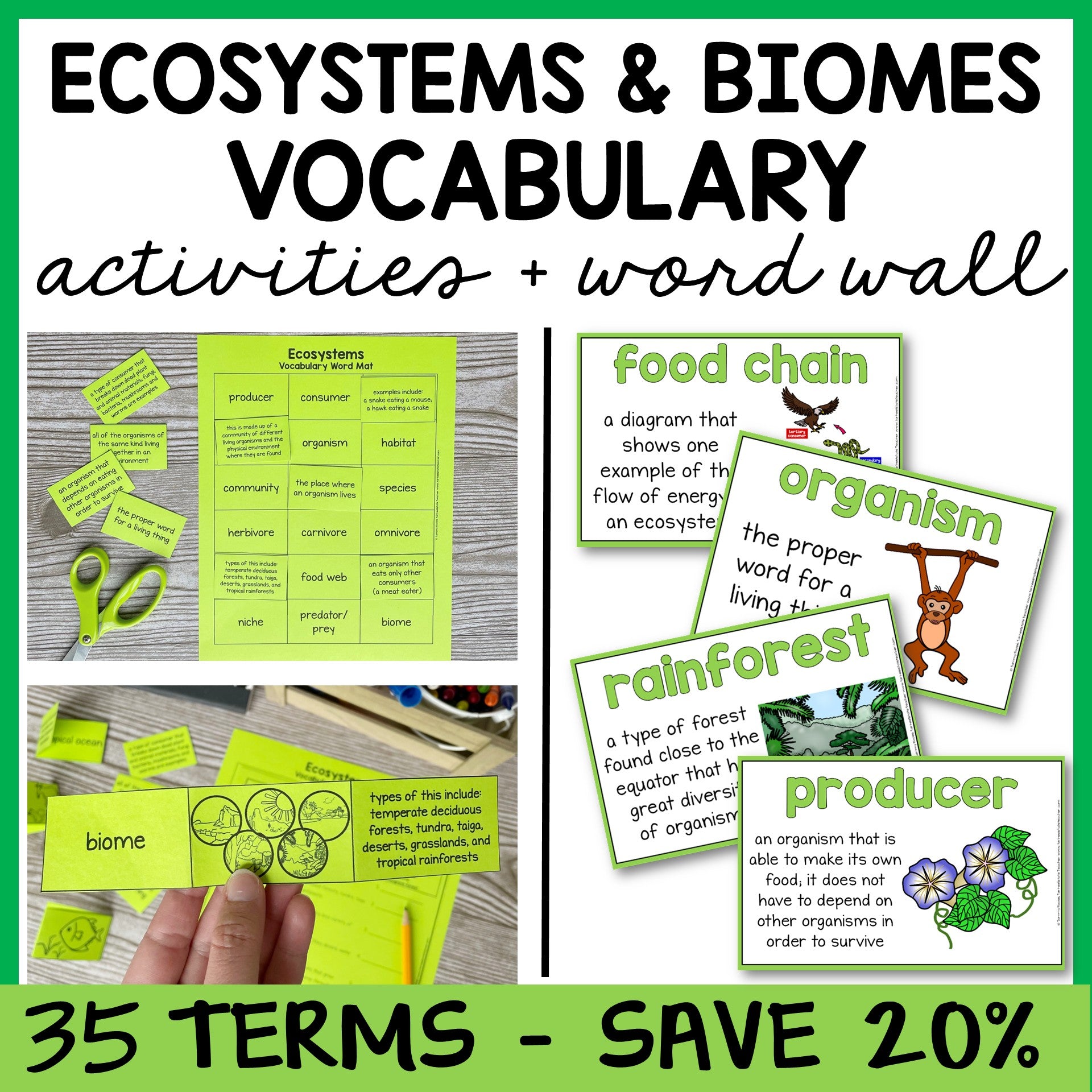 Educational materials activities for ecosystems and biomes vocabulary with word cards, definitions, and science word wall.